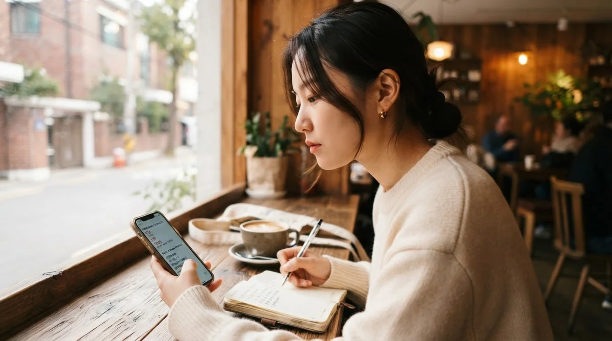 ソウルのカフェでスマートフォンを使って緊急連絡先とメモを確認する旅行者