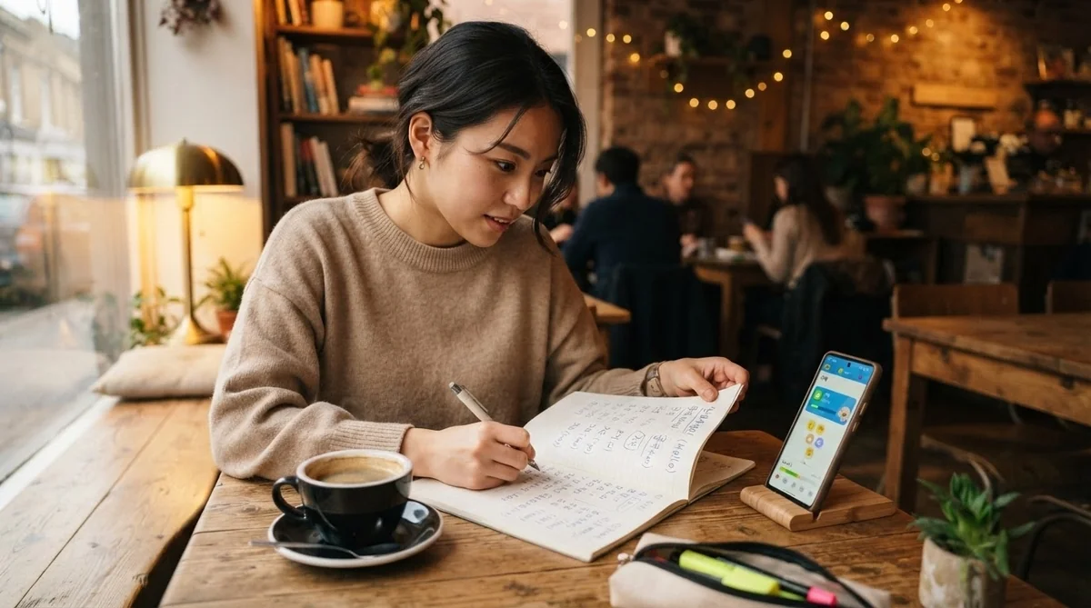 カフェで韓国語フレーズを勉強する女性の姿
