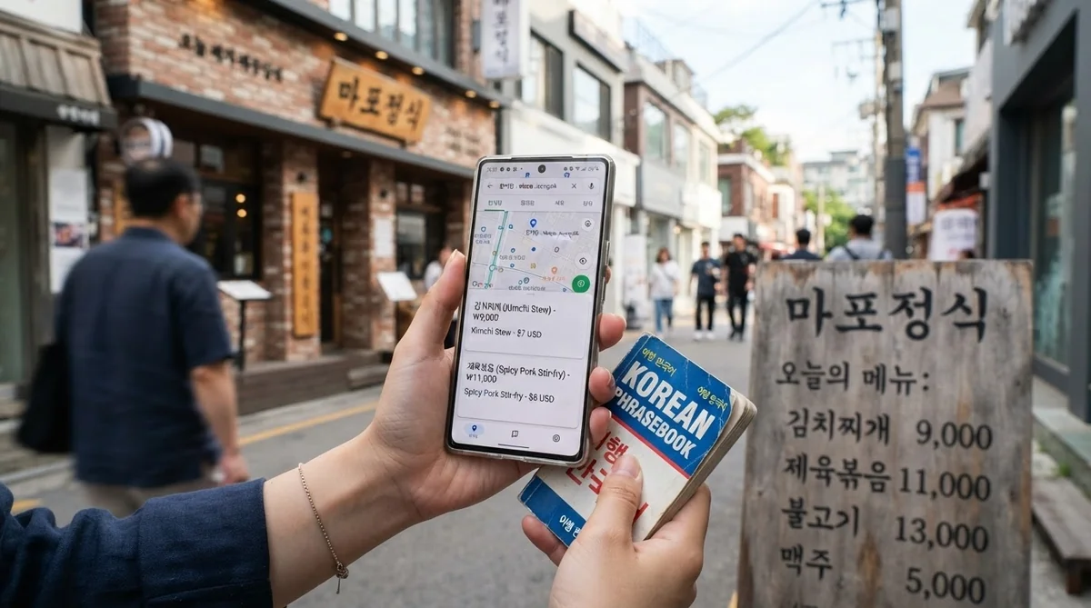 韓国の飲食店前でスマートフォンとマップアプリを見ながらお店を確認する様子