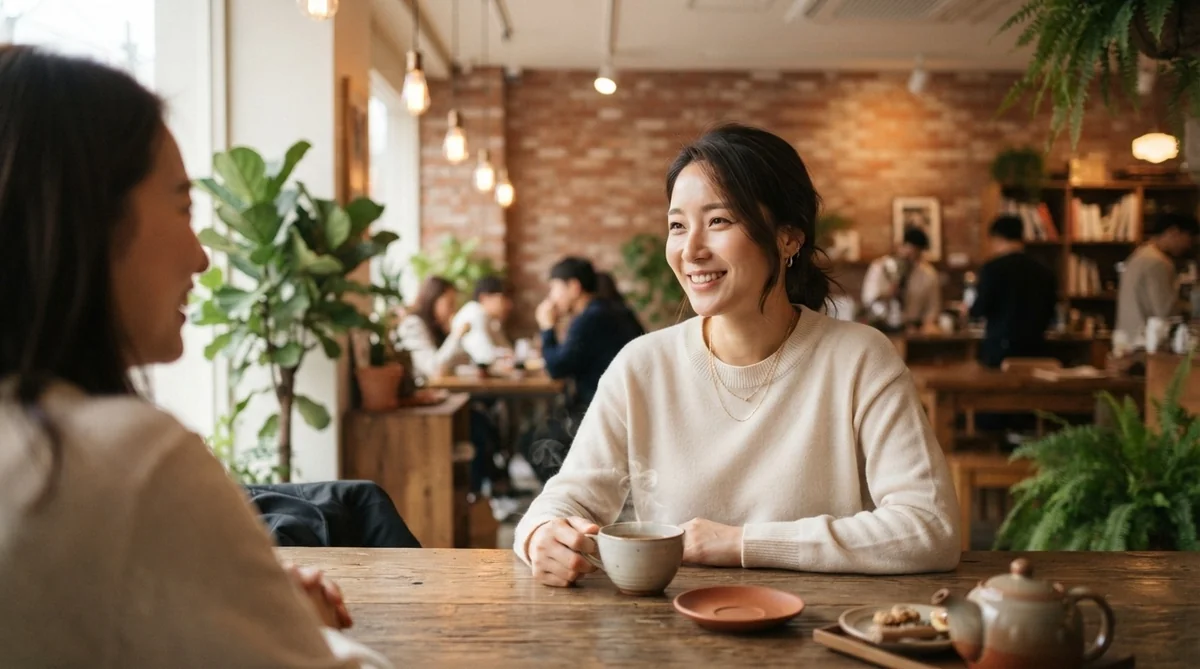 落ち着いたカフェで友人と対話しゆったりとした時間を過ごす女性