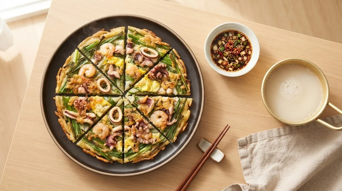 焼きたてのパジョンと真鍮のカップに入ったマッコリの食卓