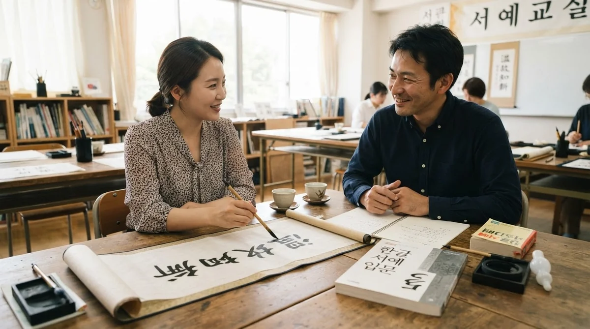 伝統書道軸と現代の韓国語教材が置かれた机で語らう二人