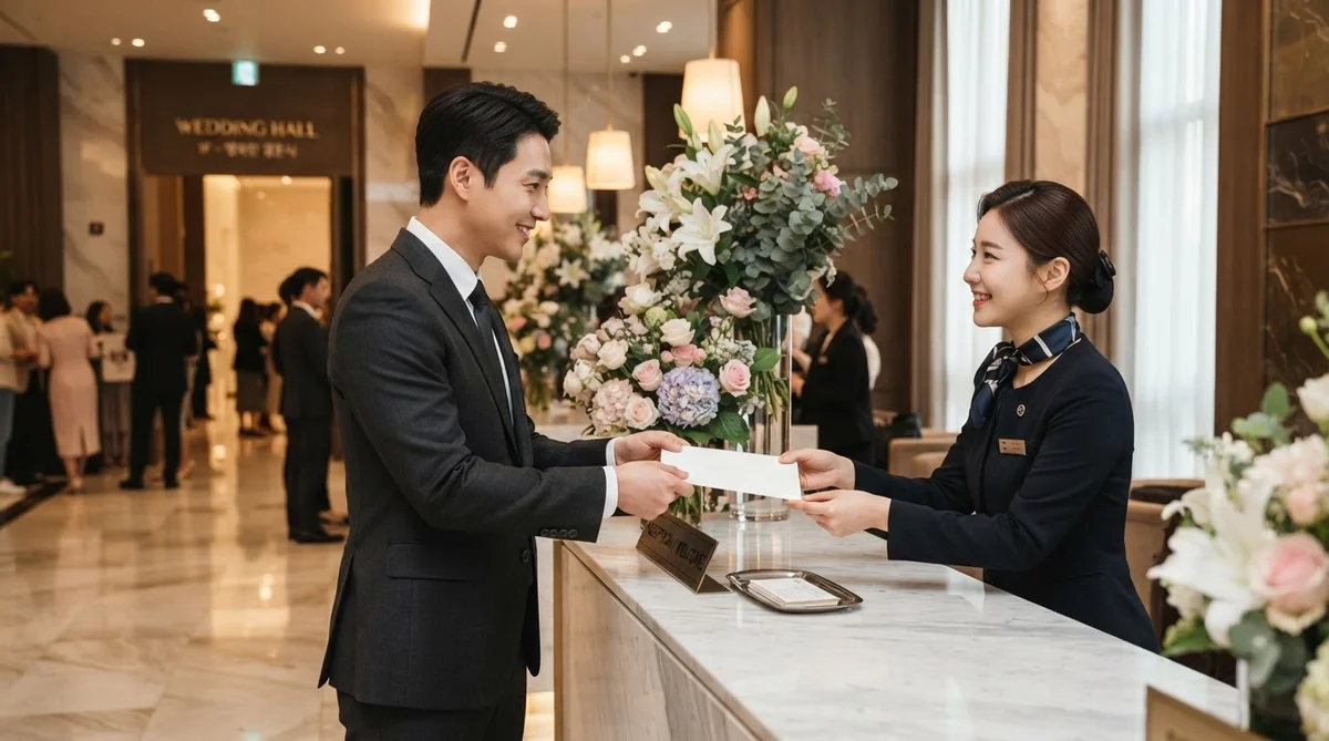 韓国の結婚式場の受付で参列者が封筒を渡し、受付担当者から食券を受け取る様子