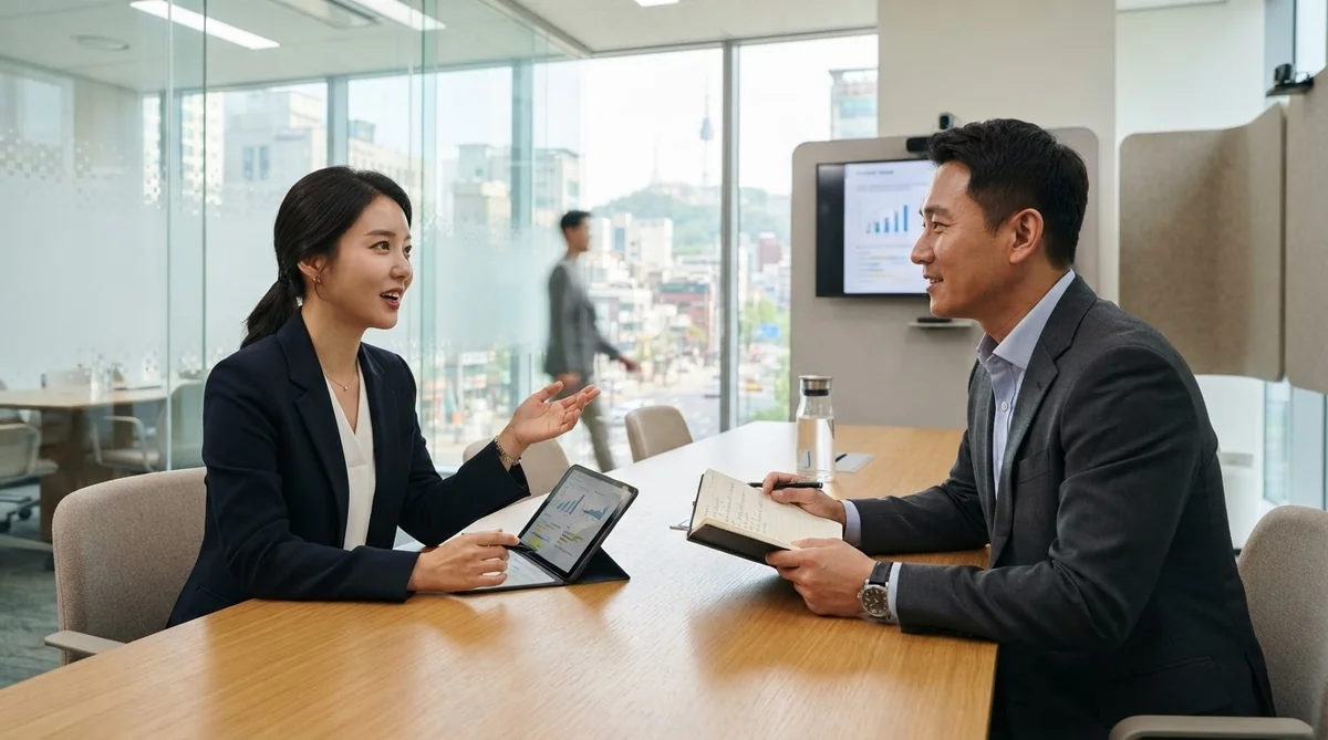 現代的な会議室でビジネスパーソンが身振り手振りを交えて議論している様子