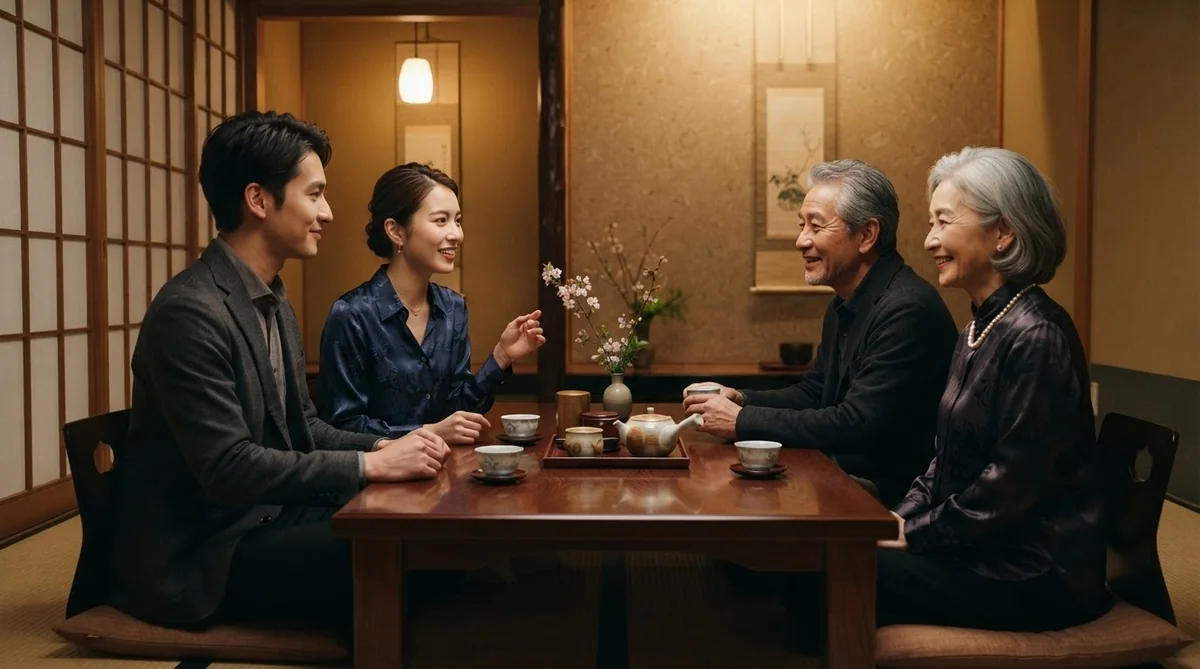 落ち着いた個室で両家が和やかに語り合っている相見礼の風景