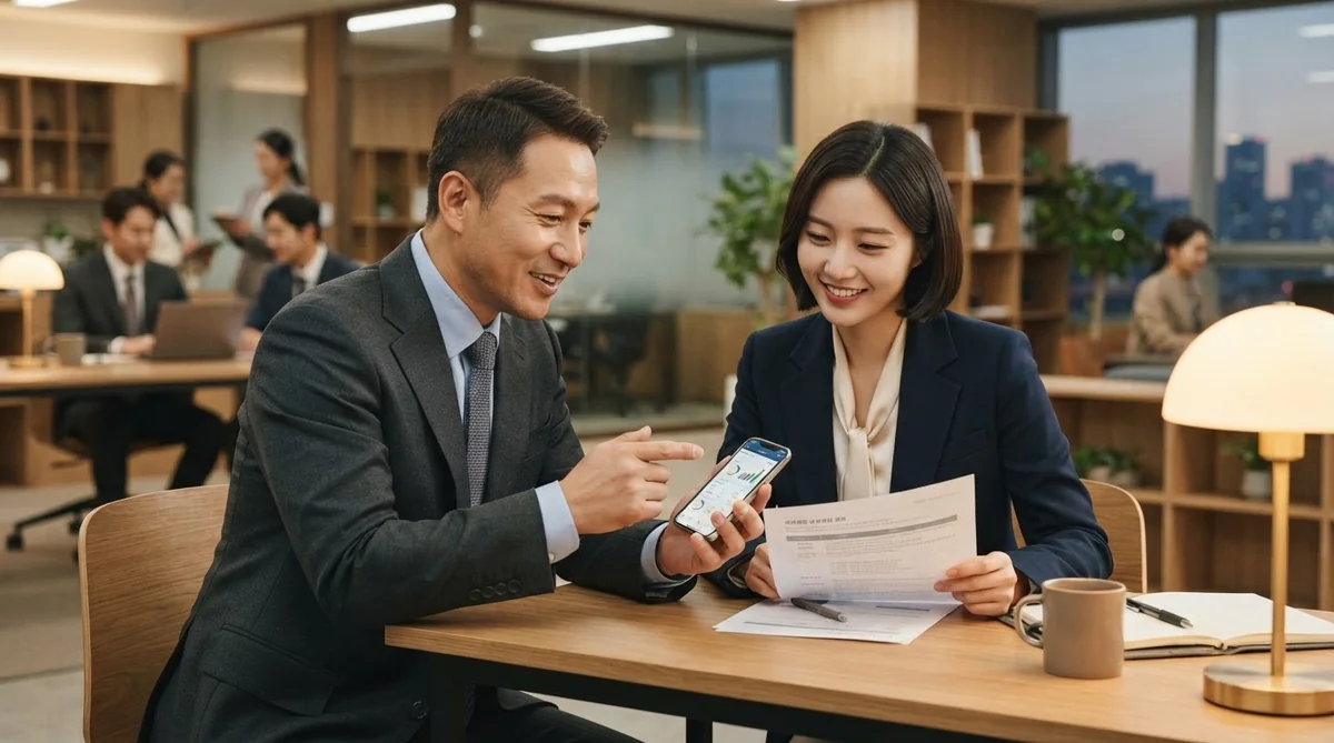 韓国企業で礼儀正しく打ち合わせをする上司と同僚