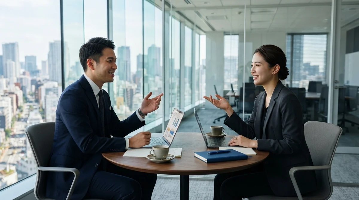 ガラス張りの明るい会議室で対面してスムーズに打ち合わせをしているビジネスパーソン