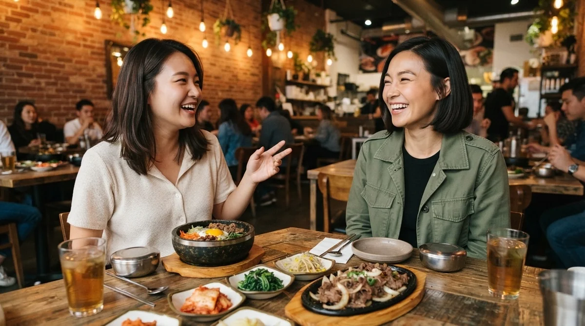 モダンな韓国料理店で、20代と30代のアジア人女性2人が笑顔で自然に会話しているシーン