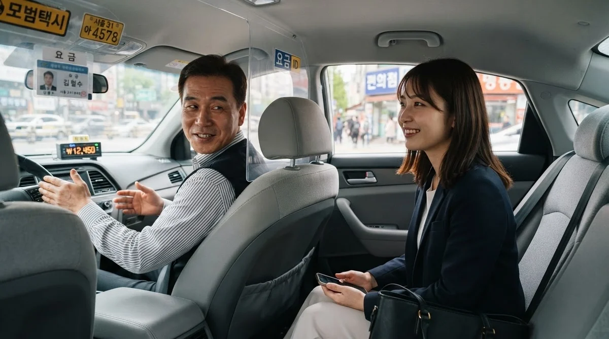 タクシー車内で運転手にスマートフォンの住所画面を見せながら会話する乗客