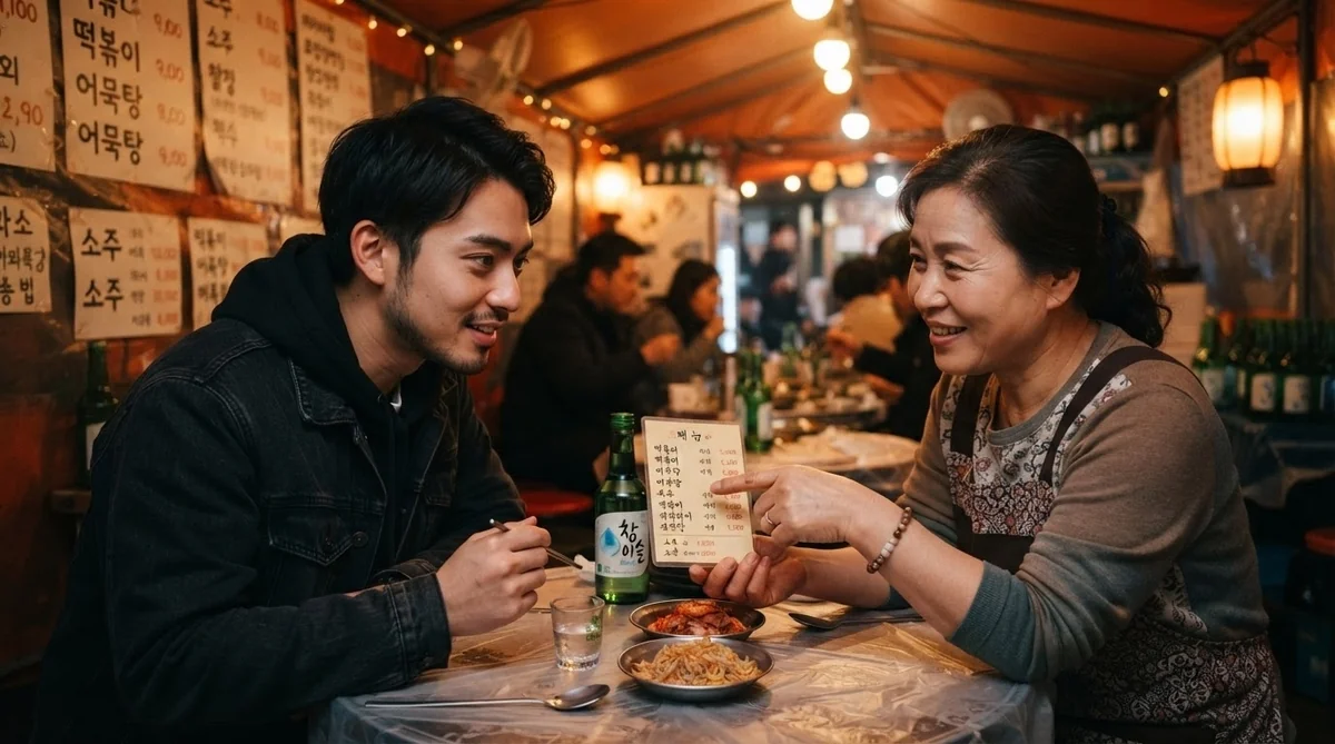 韓国のポジャンマチャでスマホを見せながら店主とやり取りする様子