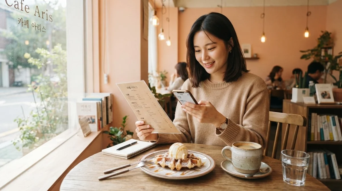 韓国のカフェでメニューを見ながら韓国語フレーズを確認する女性学習者