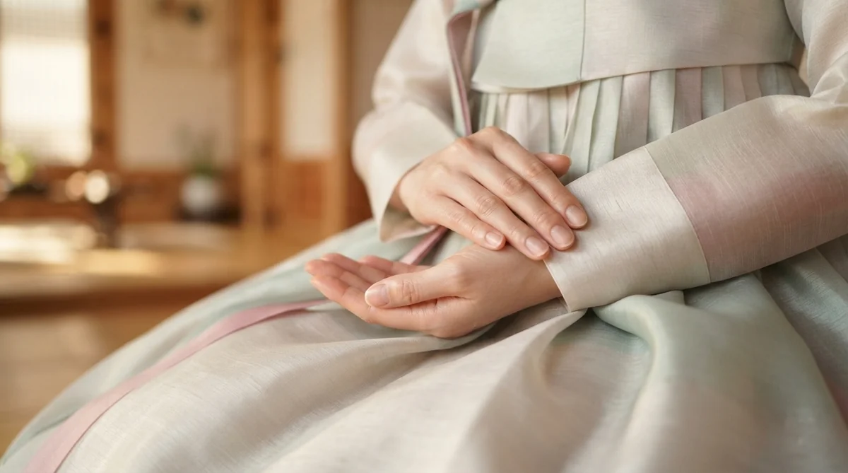 伝統的な韓服を着て下腹部の前で手を綺麗に重ねているコンスの姿勢の手元クローズアップ