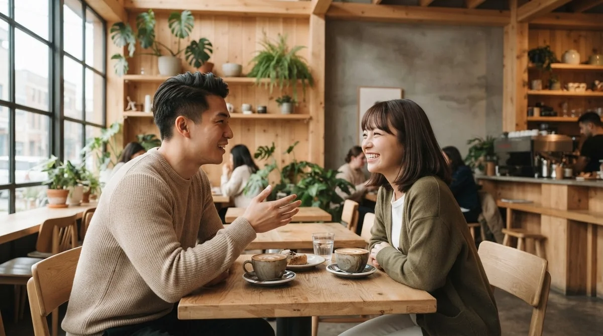 韓国のカフェで友人と会話を楽しむ若い男女