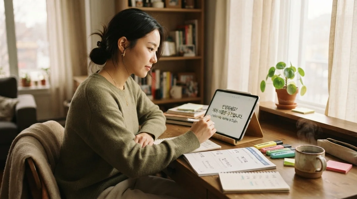 タブレットでハングルのテキストを確認しながら学習する様子