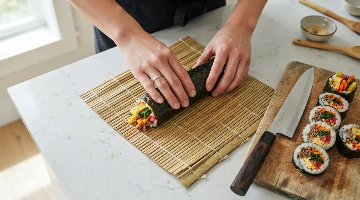 巻きすを使って手際よく巻かれている具だくさんのキンパ