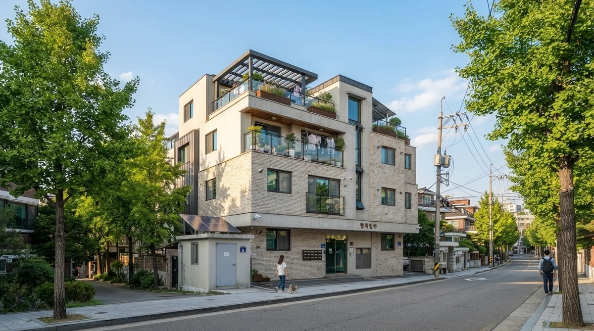 ソウルの閑静な住宅街にある建物の外観イメージ