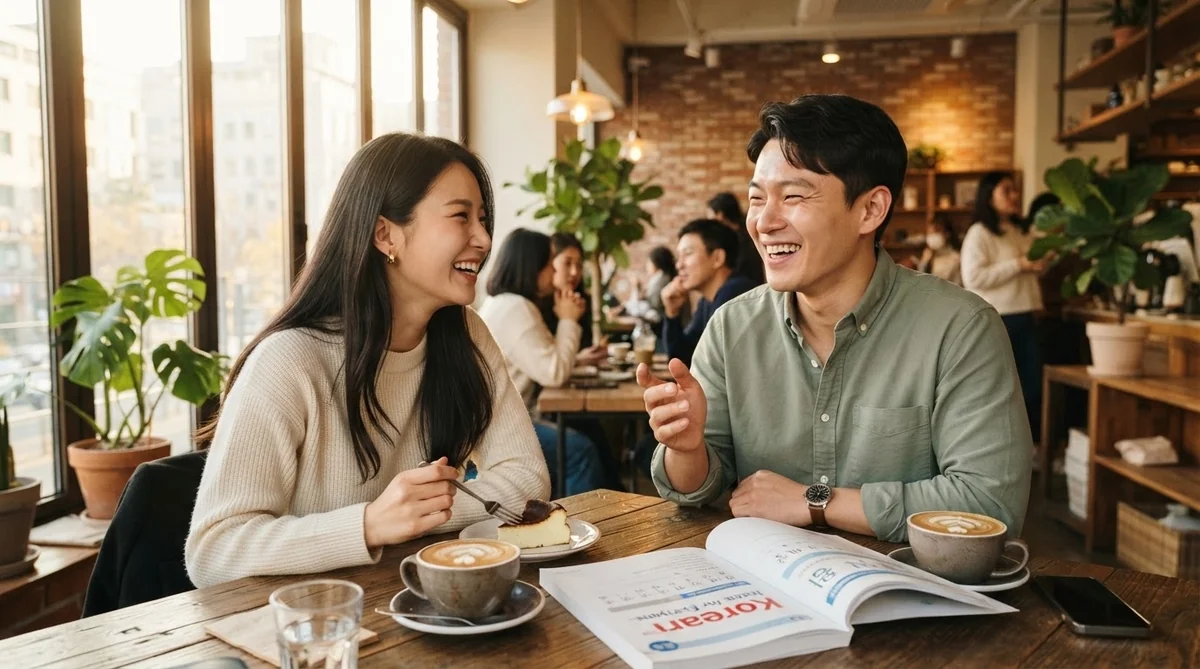 カフェで友人と楽しく韓国語会話をしている様子