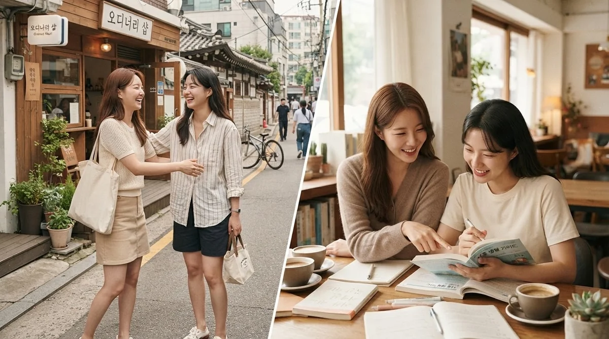 韓国のカフェで自然な日常会話を楽しんでいる若い友人同士の光景