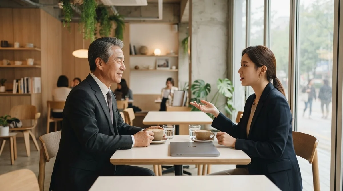 カフェで打ち合わせをする先輩と後輩のコミュニケーションの様子