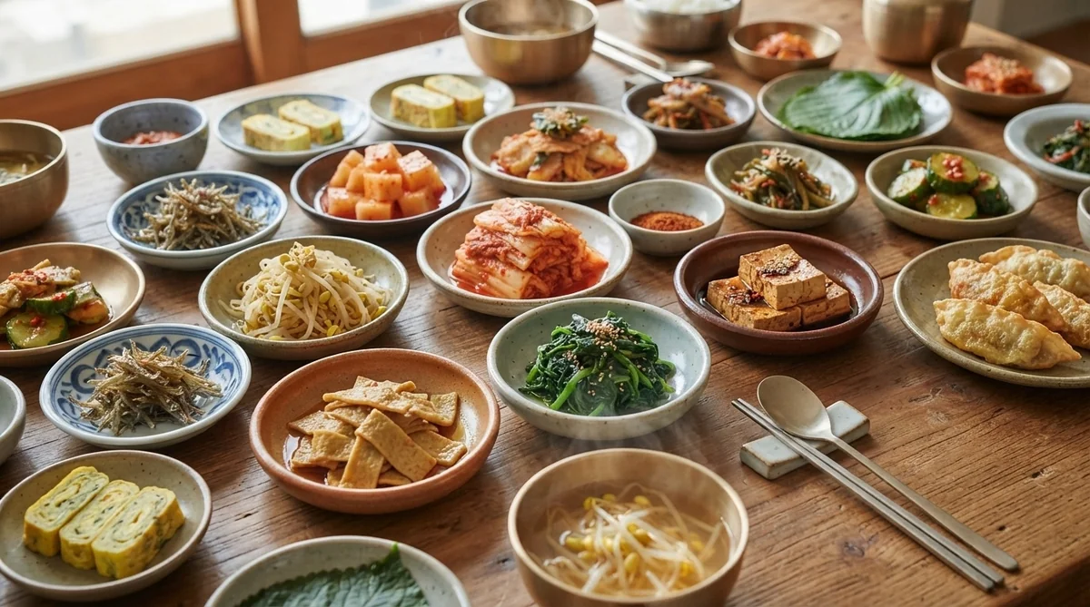 韓国の伝統的な小皿料理バンチャンの並ぶ食卓