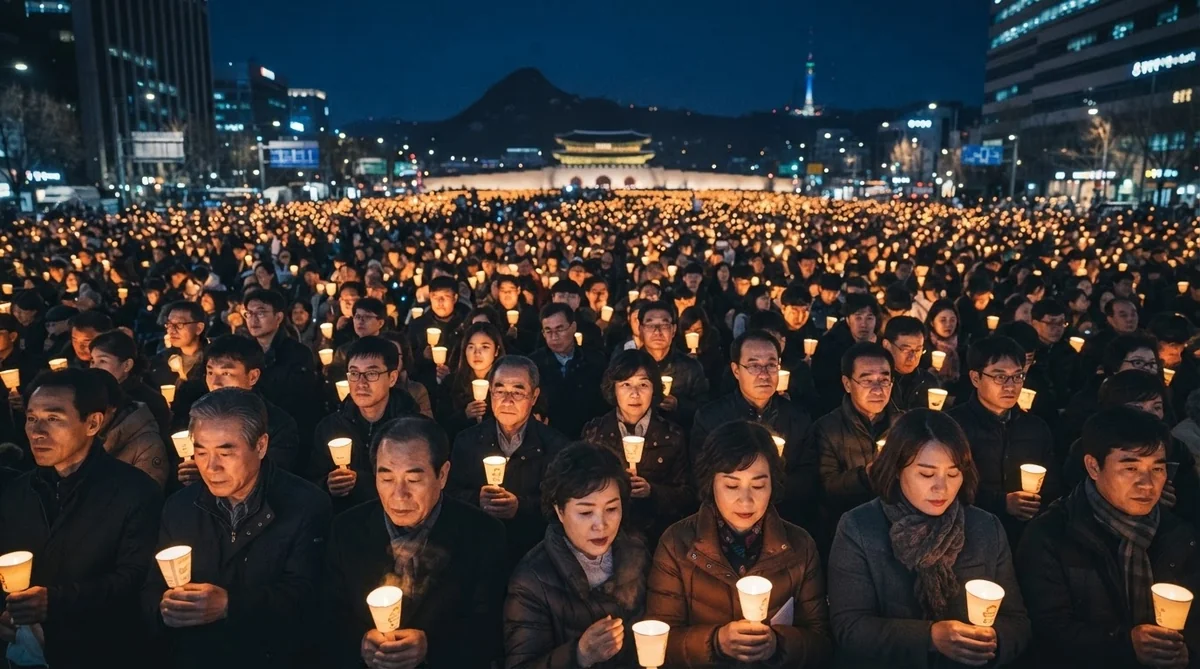 数千の小さなろうそくの火が集まる韓国の夜間集会