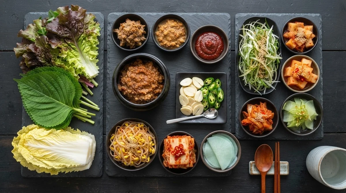 サンチュやエゴマの葉など韓国のサムに使われる新鮮な葉野菜と薬味のセット