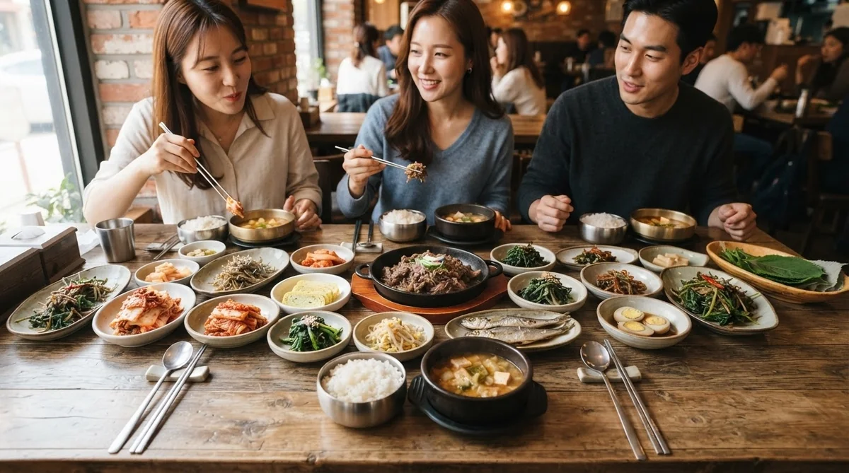 伝統的な韓国料理のテーブルセッティングと金属製食器