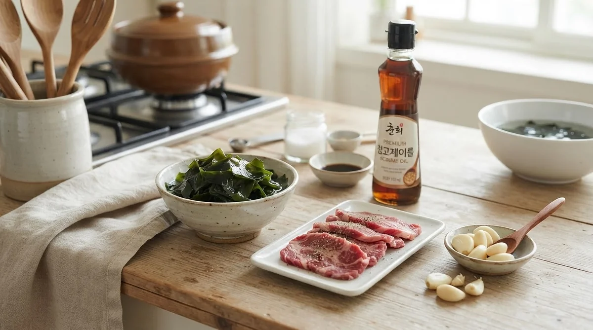 キッチンカウンターにきれいに用意されたわかめスープの材料（乾燥わかめ、牛肉、ニンニク、ごま油）