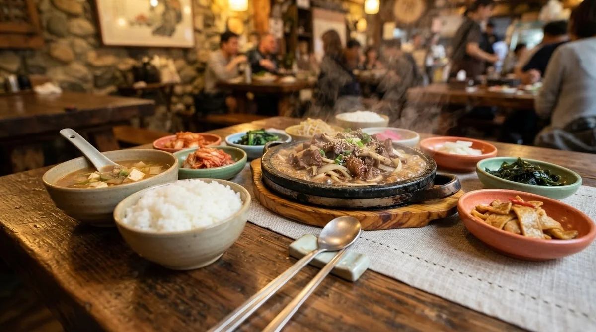 韓国料理のプルコギやおかずが並ぶテーブルの様子