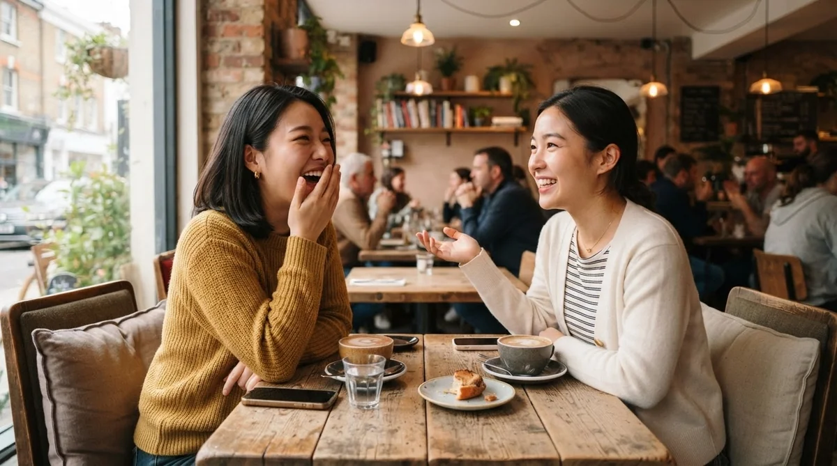 カフェで笑顔で会話を楽しむ2人の東アジア人の友人