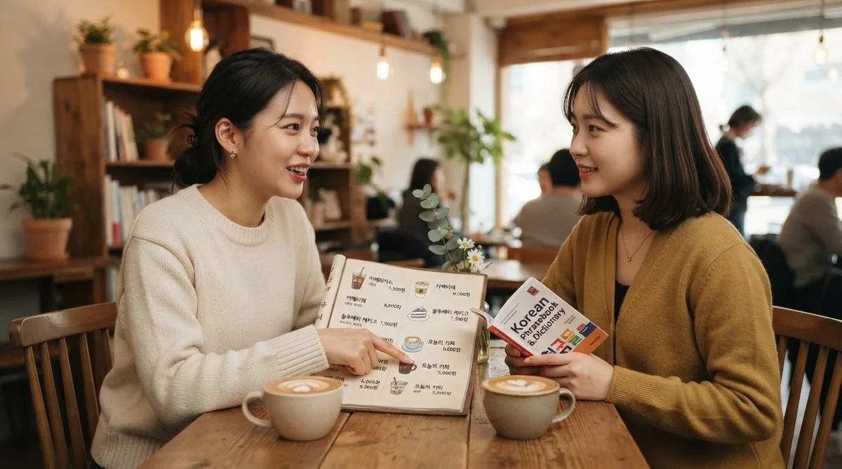 カフェでメニューを見ながら韓国語で数字や注文を会話練習する2人