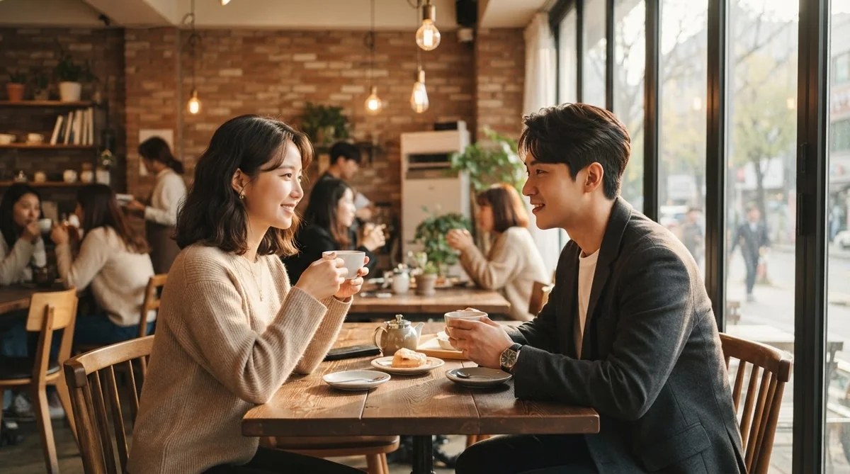 カフェでお茶を飲みながら楽しく会話する韓国人の男女
