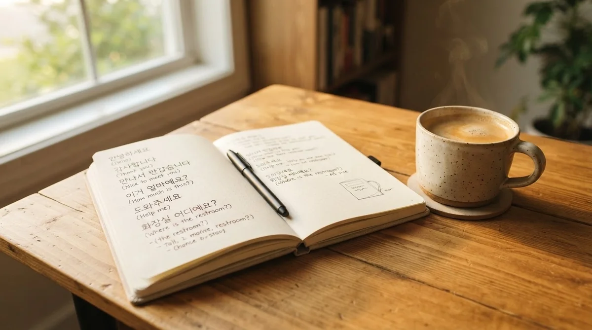 手書きの韓国語フレーズが書かれたノートとコーヒー