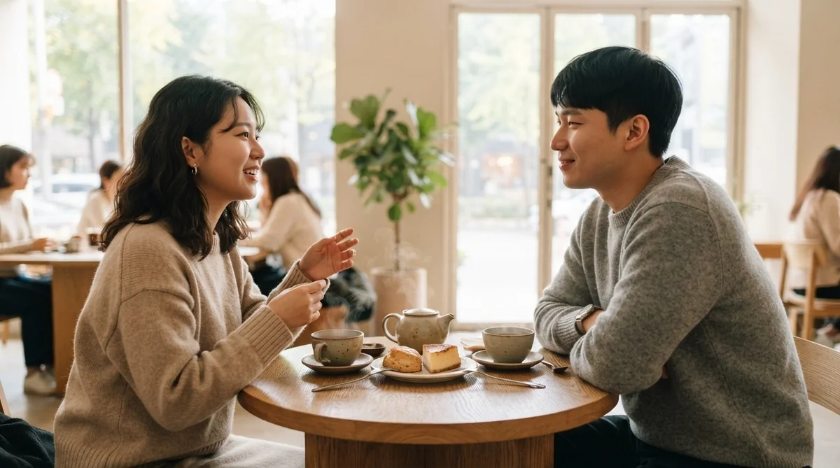 お茶を飲みながら和やかに会話する二人の様子