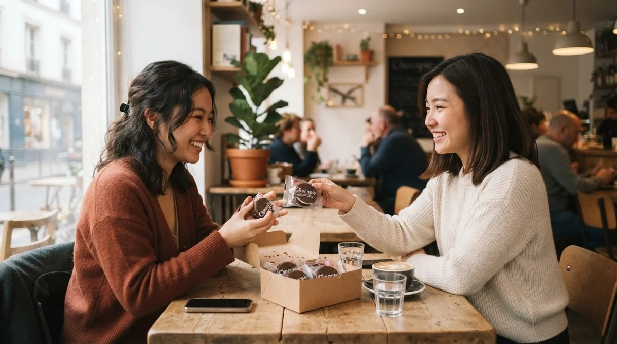友人同士でチョコパイを分け合い温かい笑顔を見せる日常の様子