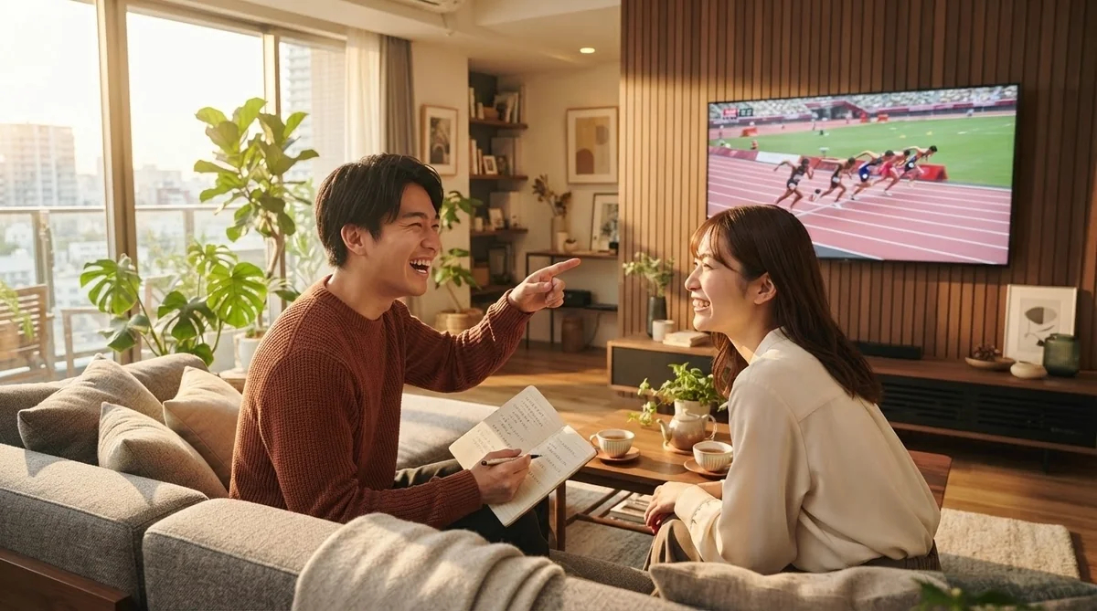 リビングでスポーツ中継を見ながら韓国語で会話を楽しむ若者たち
