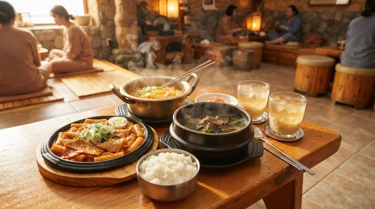 チムジルバンの食堂で楽しめるワカメスープやラーメン、軽食のセット