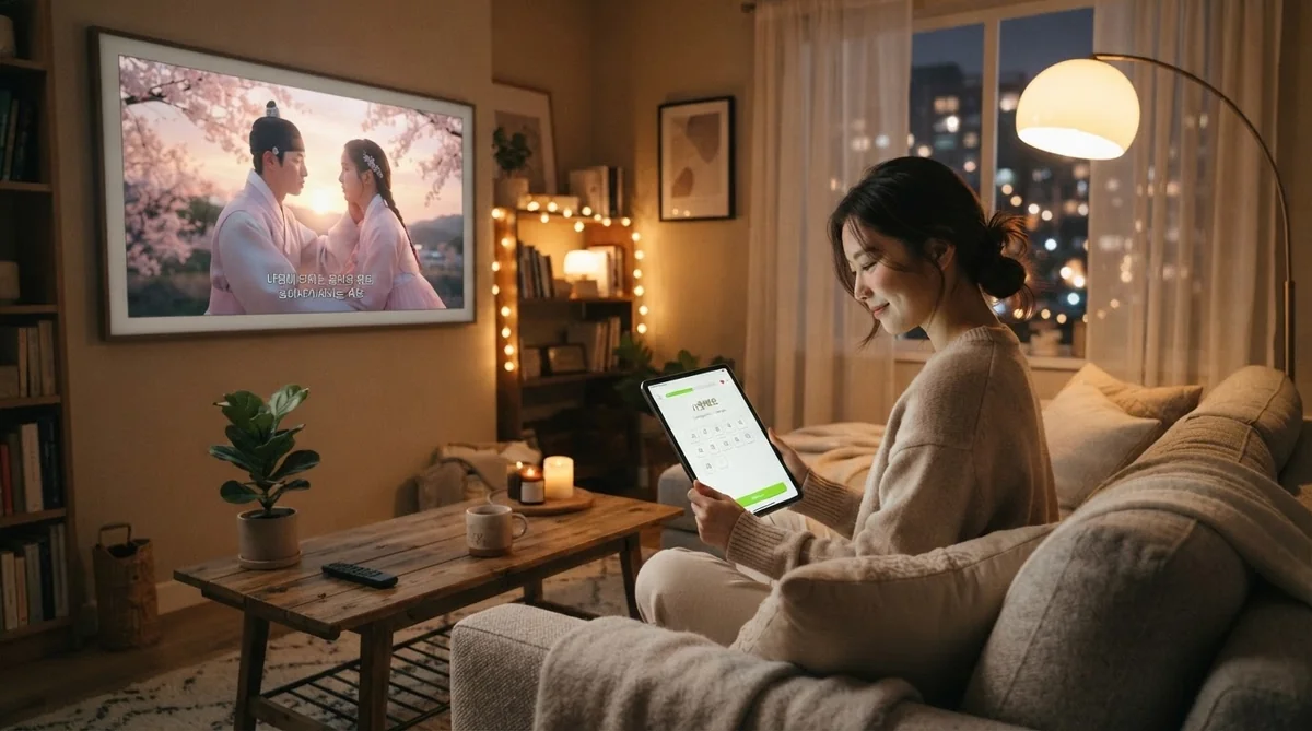 リビングのソファで寛ぎながらテレビで韓国ドラマを鑑賞し手元のタブレットで韓国語を調べる様子