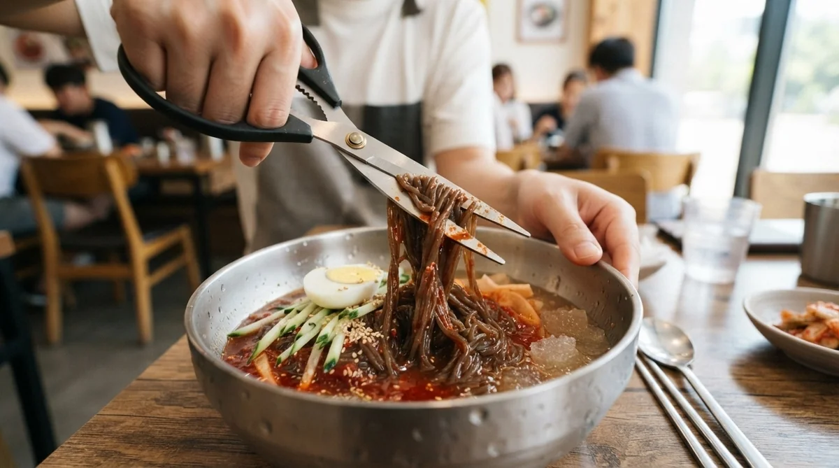ハサミで冷麺を切る様子