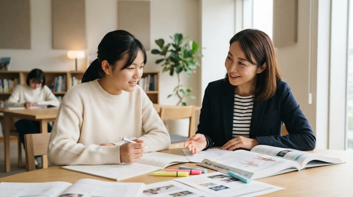 講師と学習者が静かな教育環境で教材を開きながら対話している様子