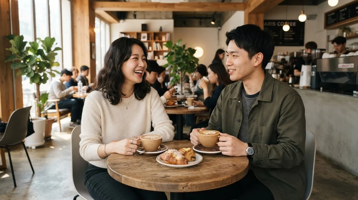 カフェで楽しく話す日本人と韓国人の友人