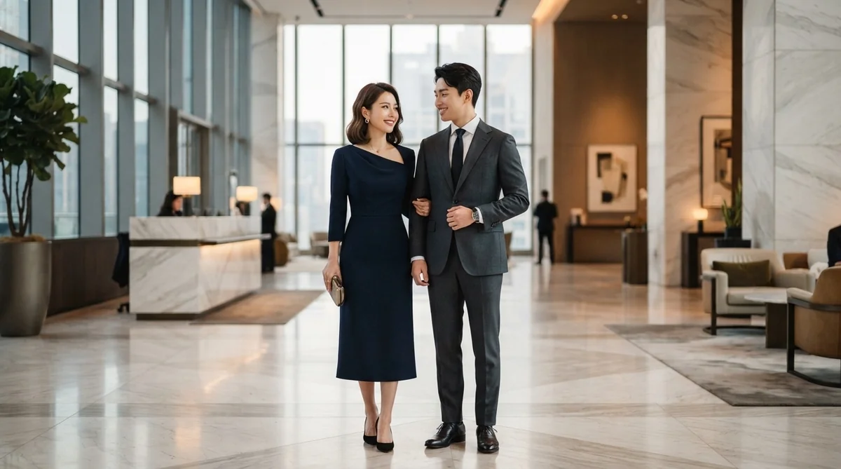 韓国の結婚式に適した清潔感のあるセミフォーマルな服装の男女