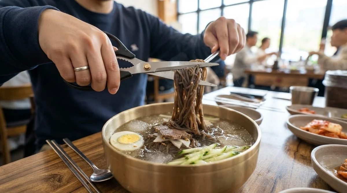 水冷麺の器の中でハサミを使って麺を切る手元