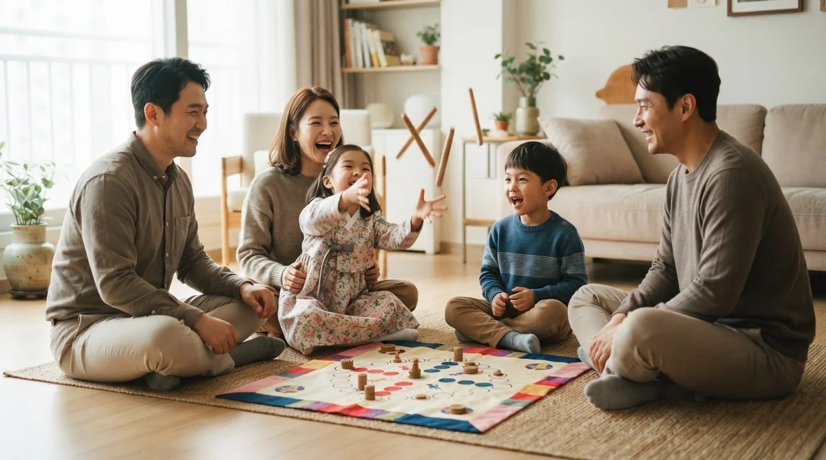 木棒を投げてボード上でコマを進める韓国の伝統盤上遊びユンノリを楽しむ様子