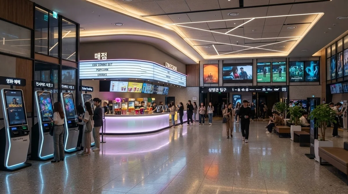 韓国の映画館ロビーに整然と設置された自動券売機とインフォメーションカウンター