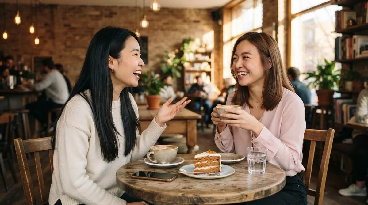 カフェで親しそうにおしゃべりをする韓国人女性2人