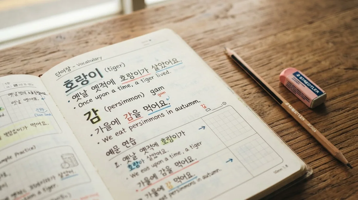 虎や柿に関するハングル単語が手書きされた韓国語の学習ノート