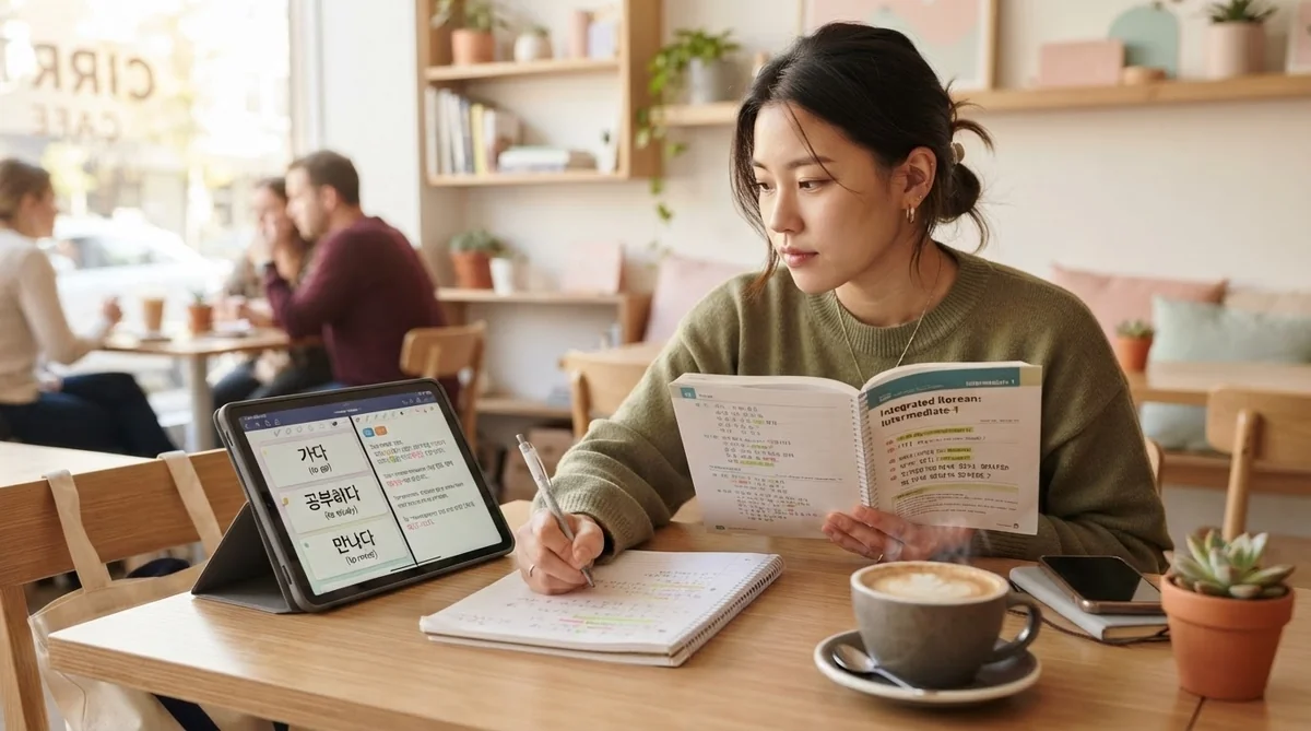 カフェの落ち着いた雰囲気の中で韓国語の参考書とノートを開いて勉強する様子