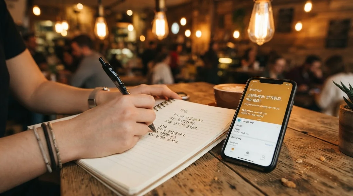 カフェで韓国語翻訳アプリを見ながらメモを取る様子