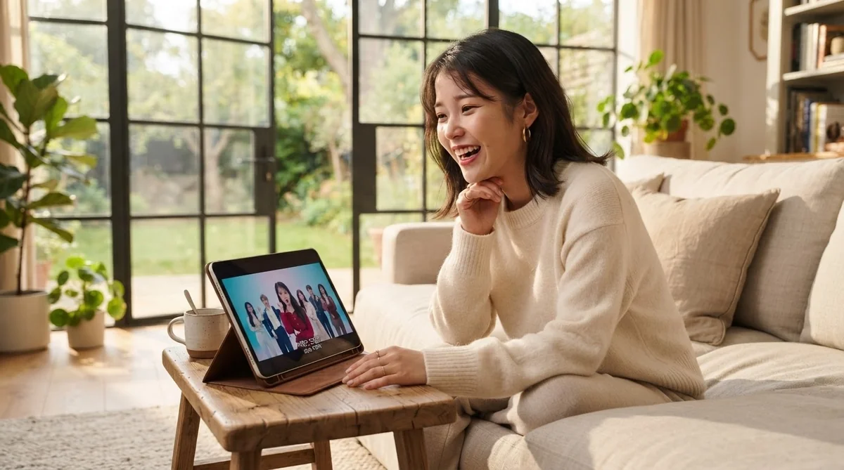 タブレットの韓国語字幕を見ながら楽しそうに歌を口ずさむ学習者